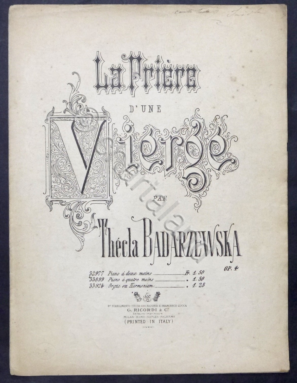 Spartiti - T. Badarzewska - La Priere d'une Vierge - …