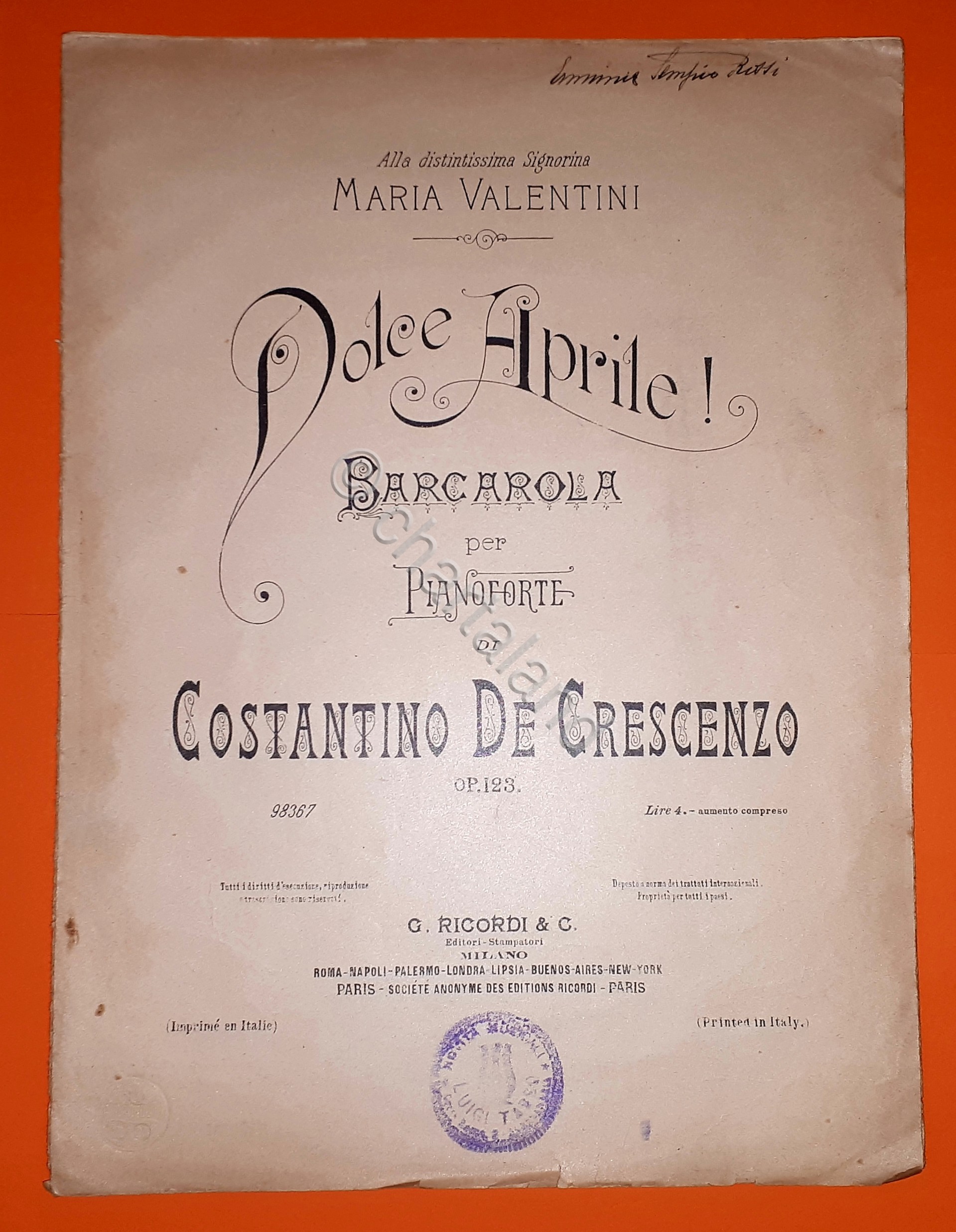 Spartito - Dolce Aprile - Barcarola per Pianoforte - C. …