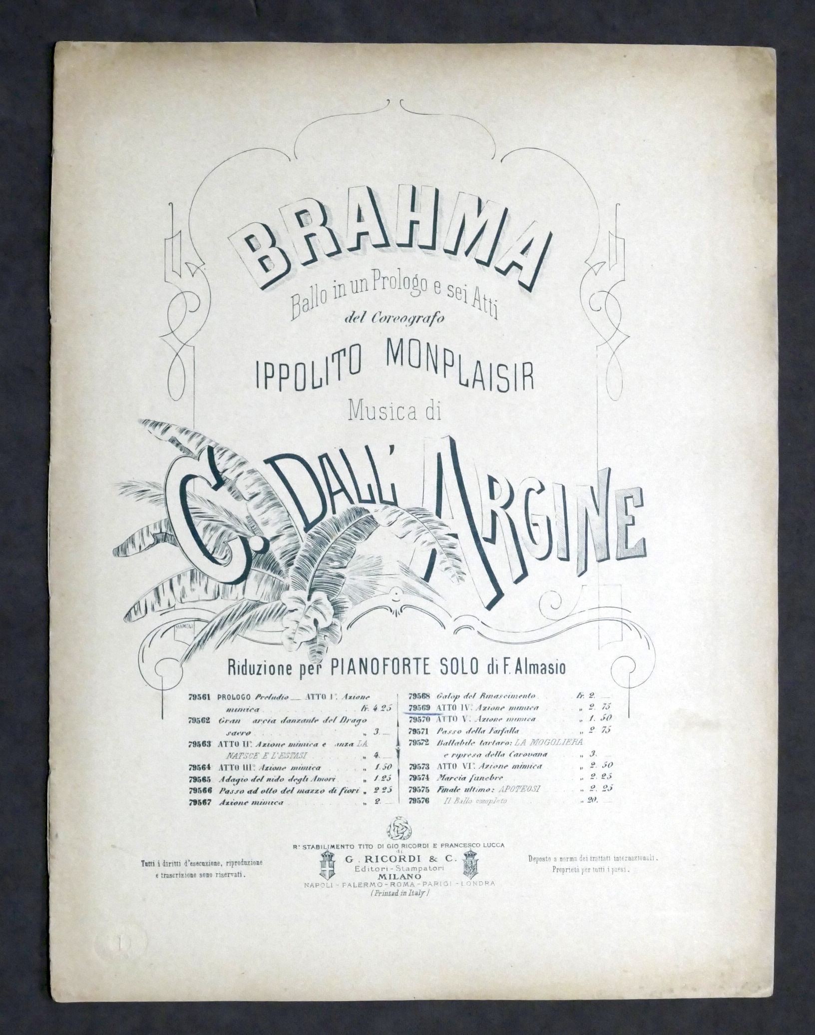 Spartito Dall'Argine - Brahma - Azione Mimica - Pianoforte solo …