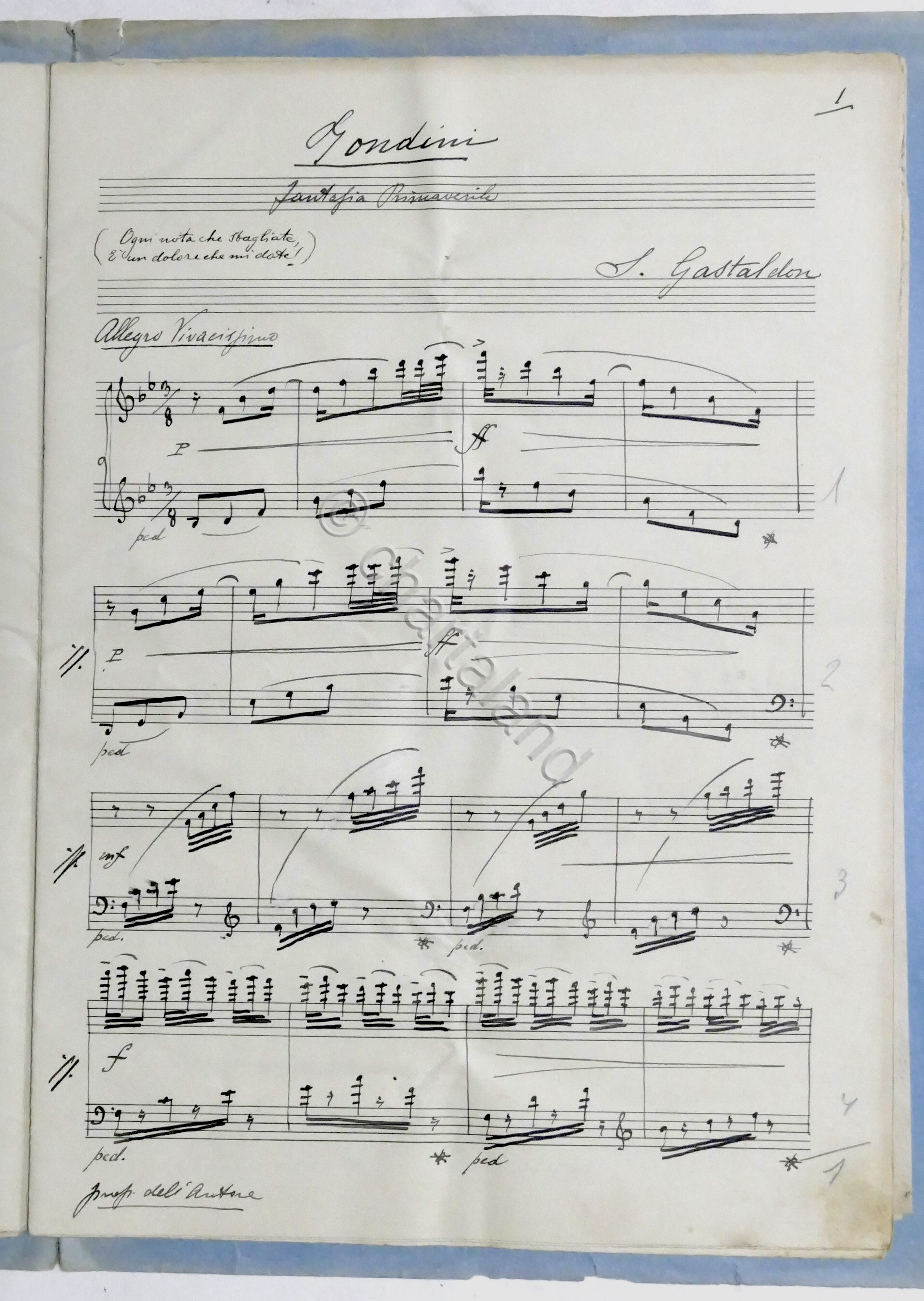 Spartito: Frate Anselmo - Manoscritto e Autografo di S. Gastaldon …