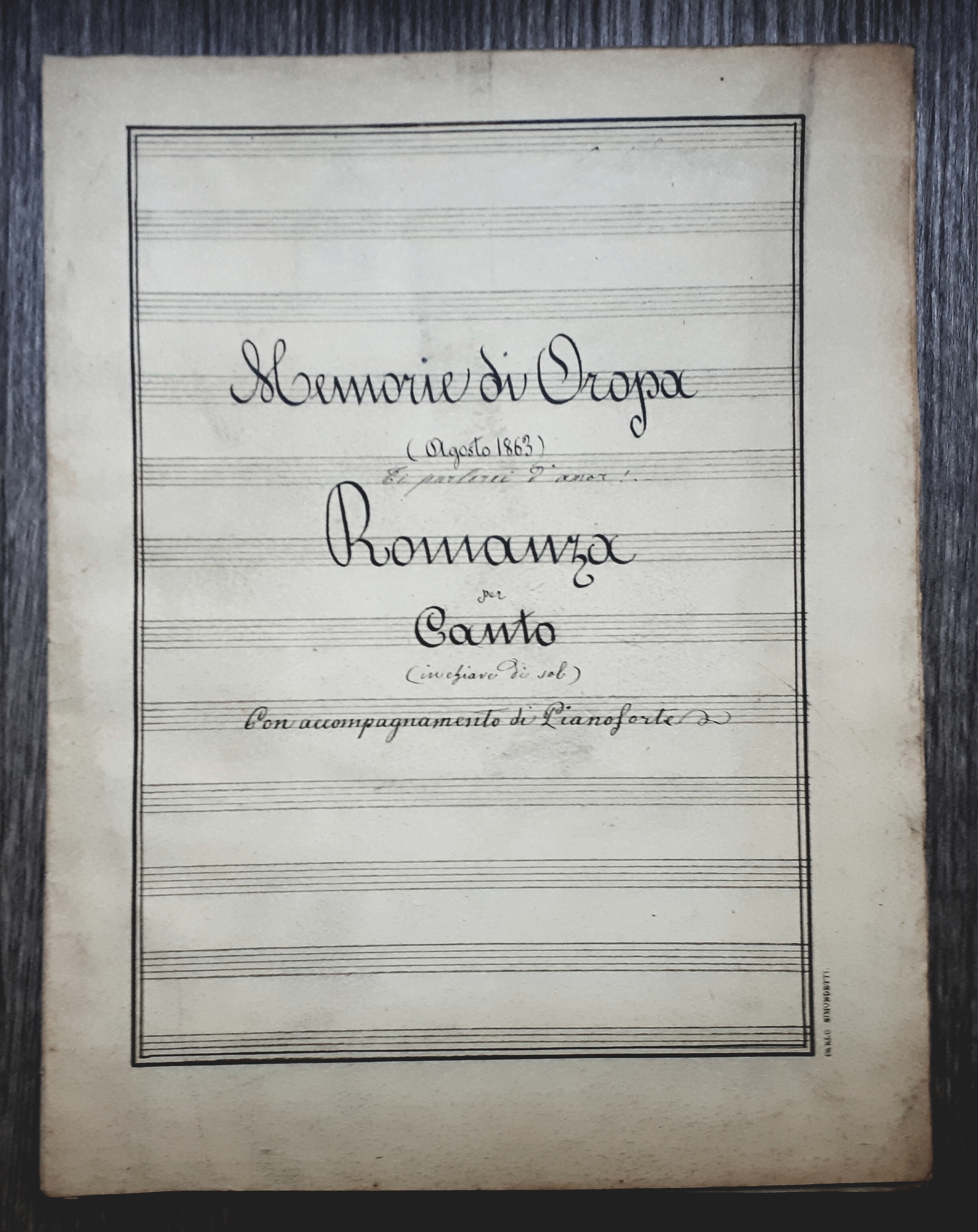 Spartito manoscritto - Memorie di Oropa - Romanza per Canto …