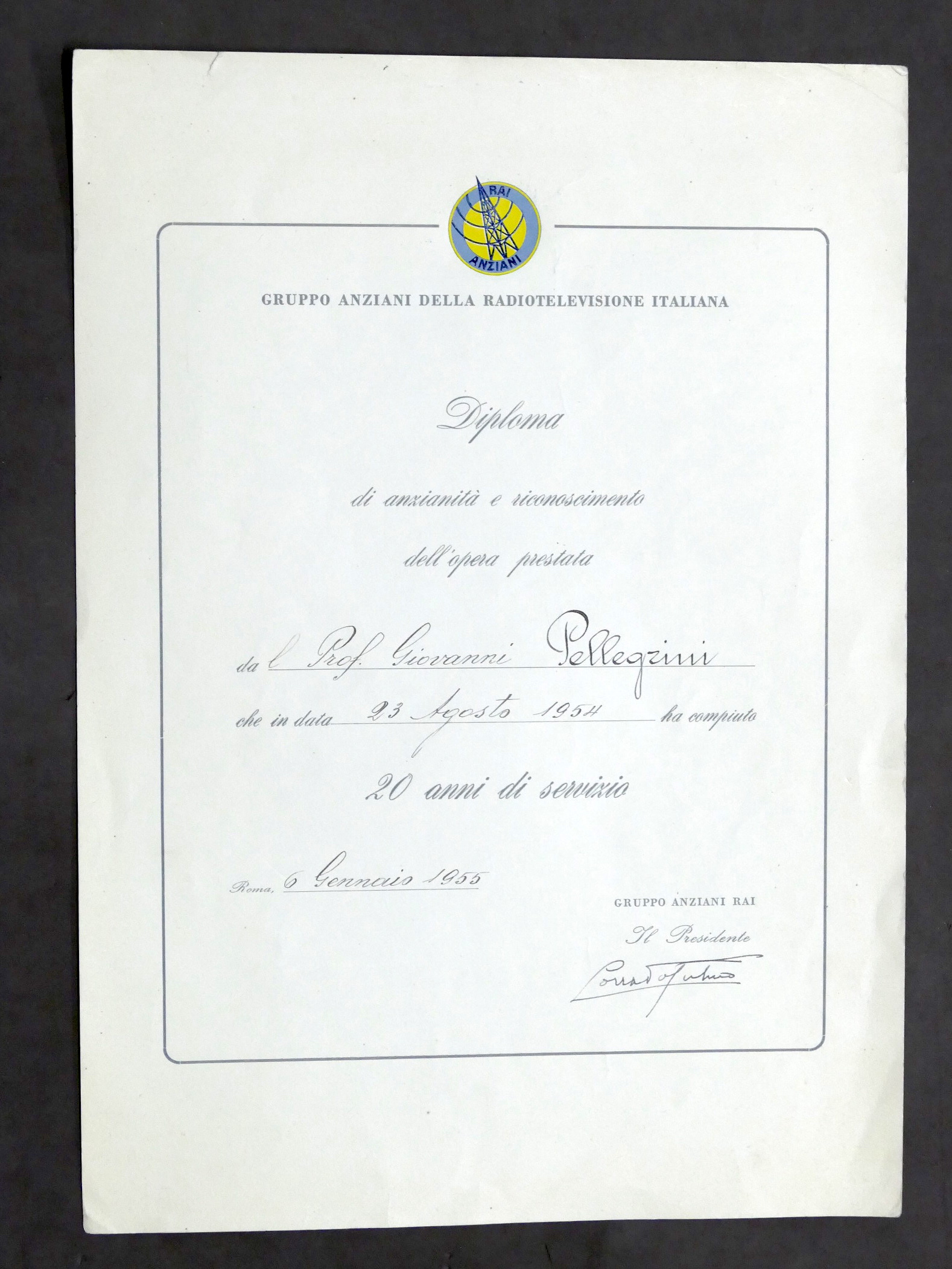 Spettacolo Televisione - Diploma di anzianità RAI - 20 anni …