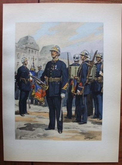 Stampa - Uniformi dell'esercito Francese 1935 Pompieri Vigili Fuoco Parigi …