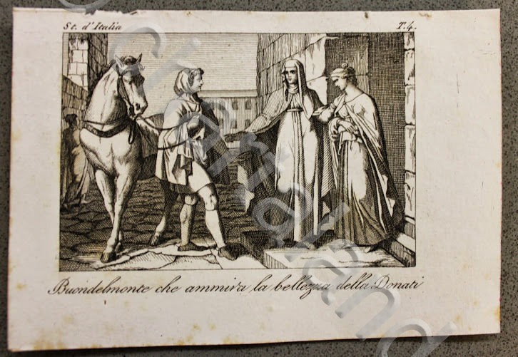 Stampa Incisione '800 - Storia d'Italia - Buondelmonte ammira la …