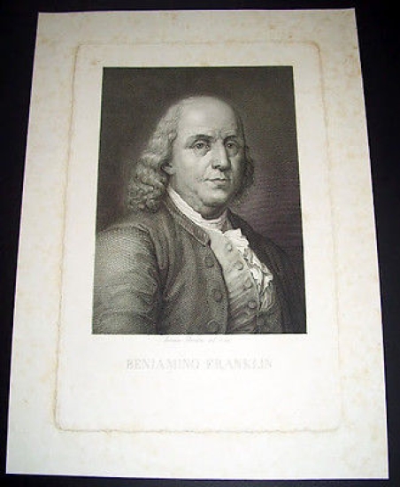 Stampa Incisione d' epoca Ritratto di Benjamin Franklin / Incisore …