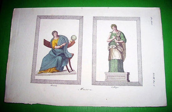 Stampa Incisione Mitologia - Urania e Calliope - 1700 ca