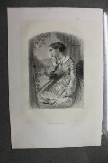 Stampa incisione Ottocento ritratto di giovane donna assorta