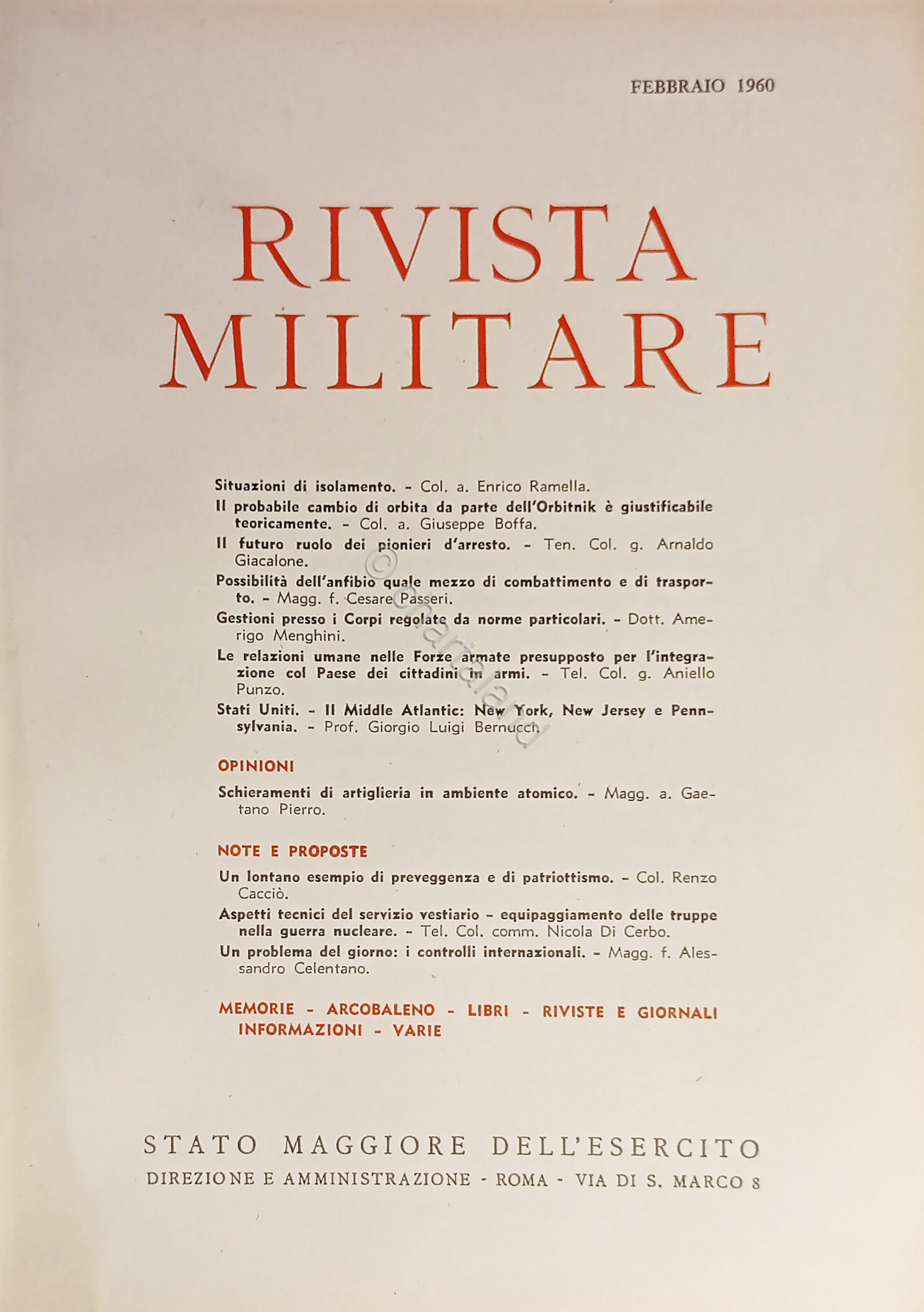 Stato Maggiore dell'Esercito - Rivista Militare - Febbraio 1960