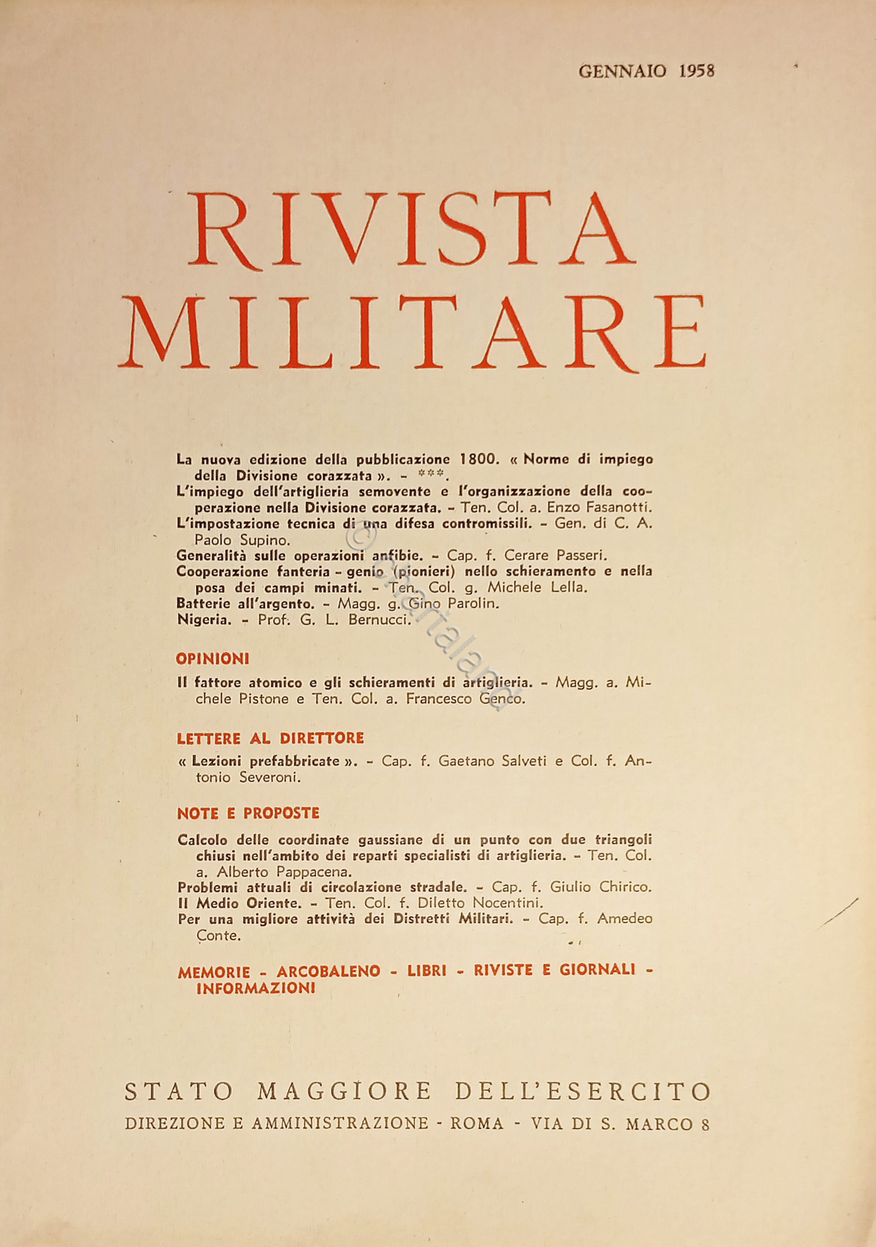 Stato Maggiore dell'Esercito - Rivista Militare - Gennaio 1958