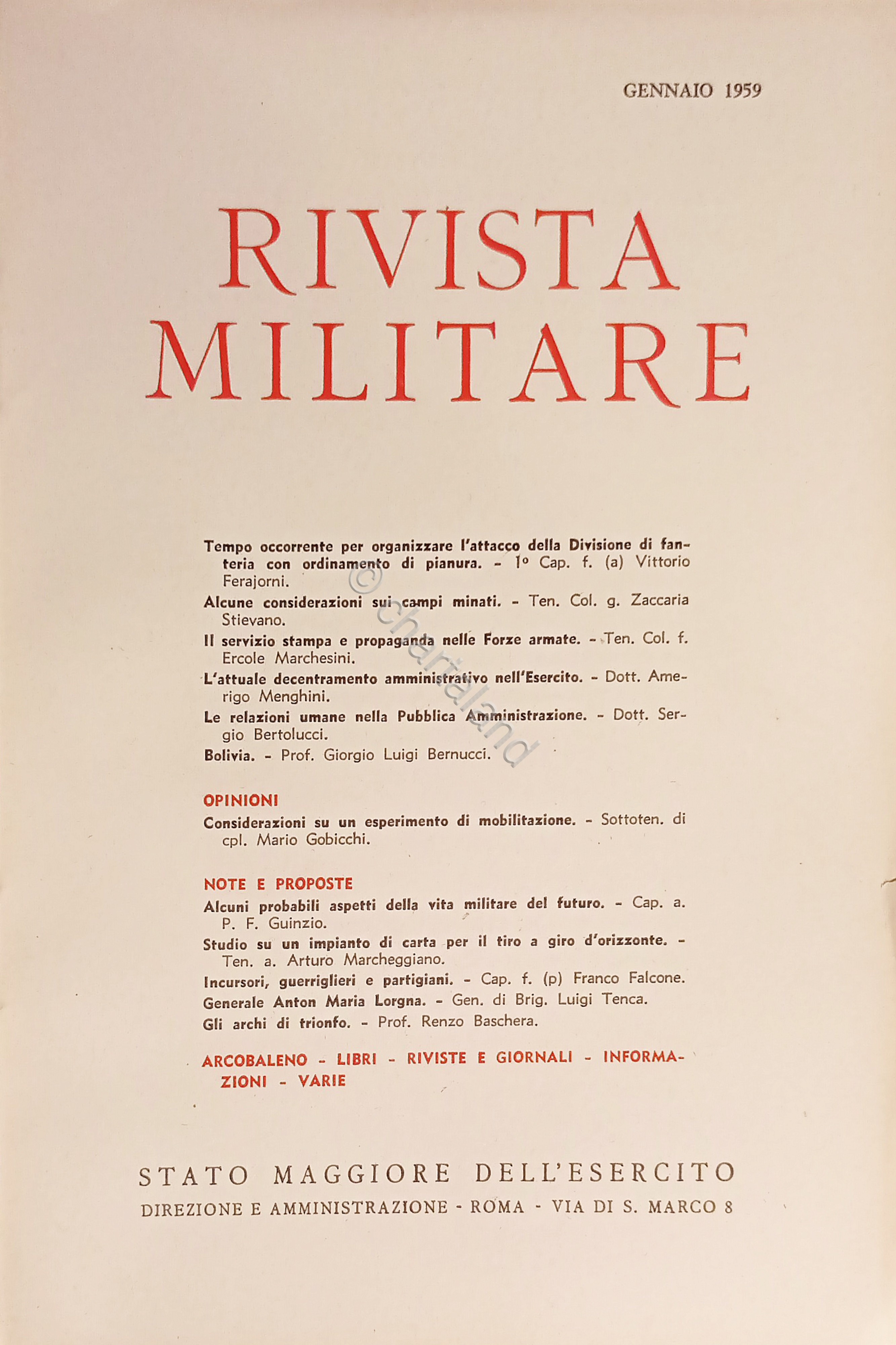 Stato Maggiore dell'Esercito - Rivista Militare - Gennaio 1959