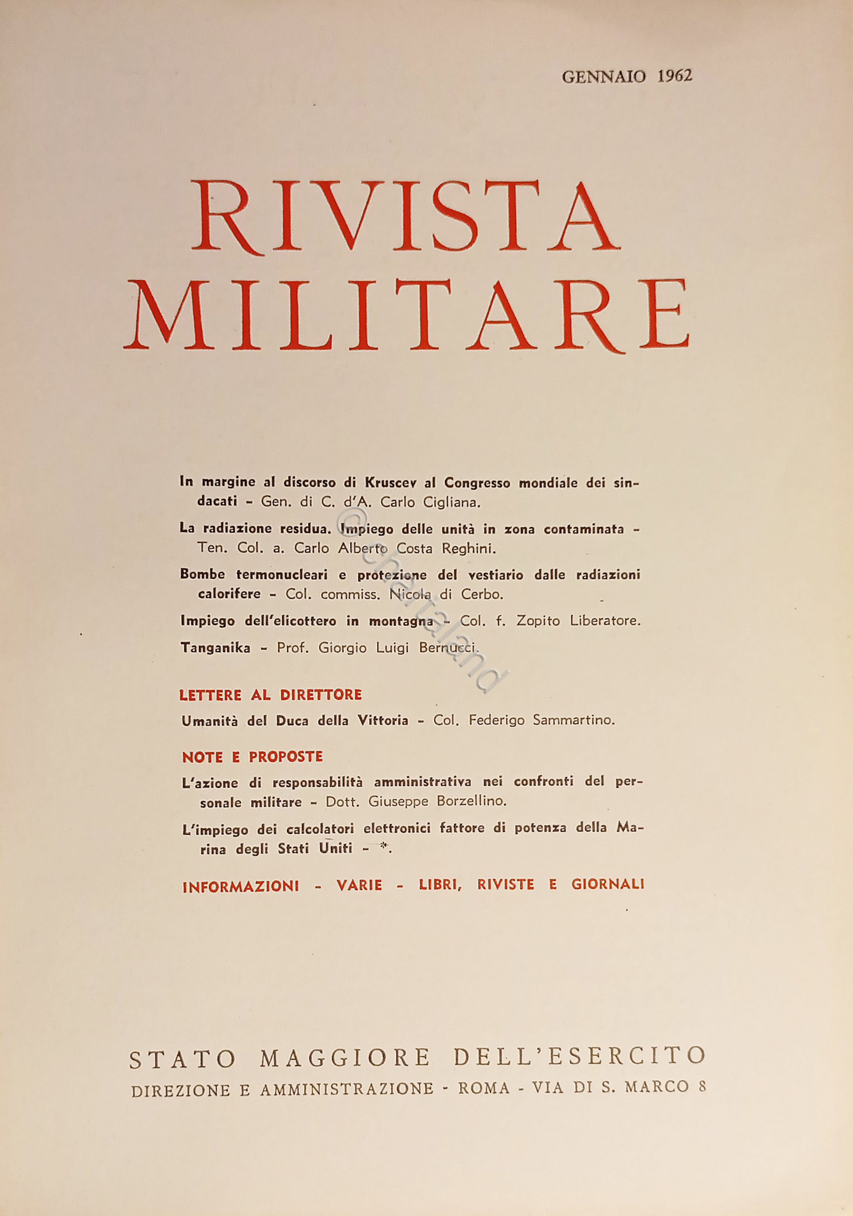 Stato Maggiore dell'Esercito - Rivista Militare - Gennaio 1962