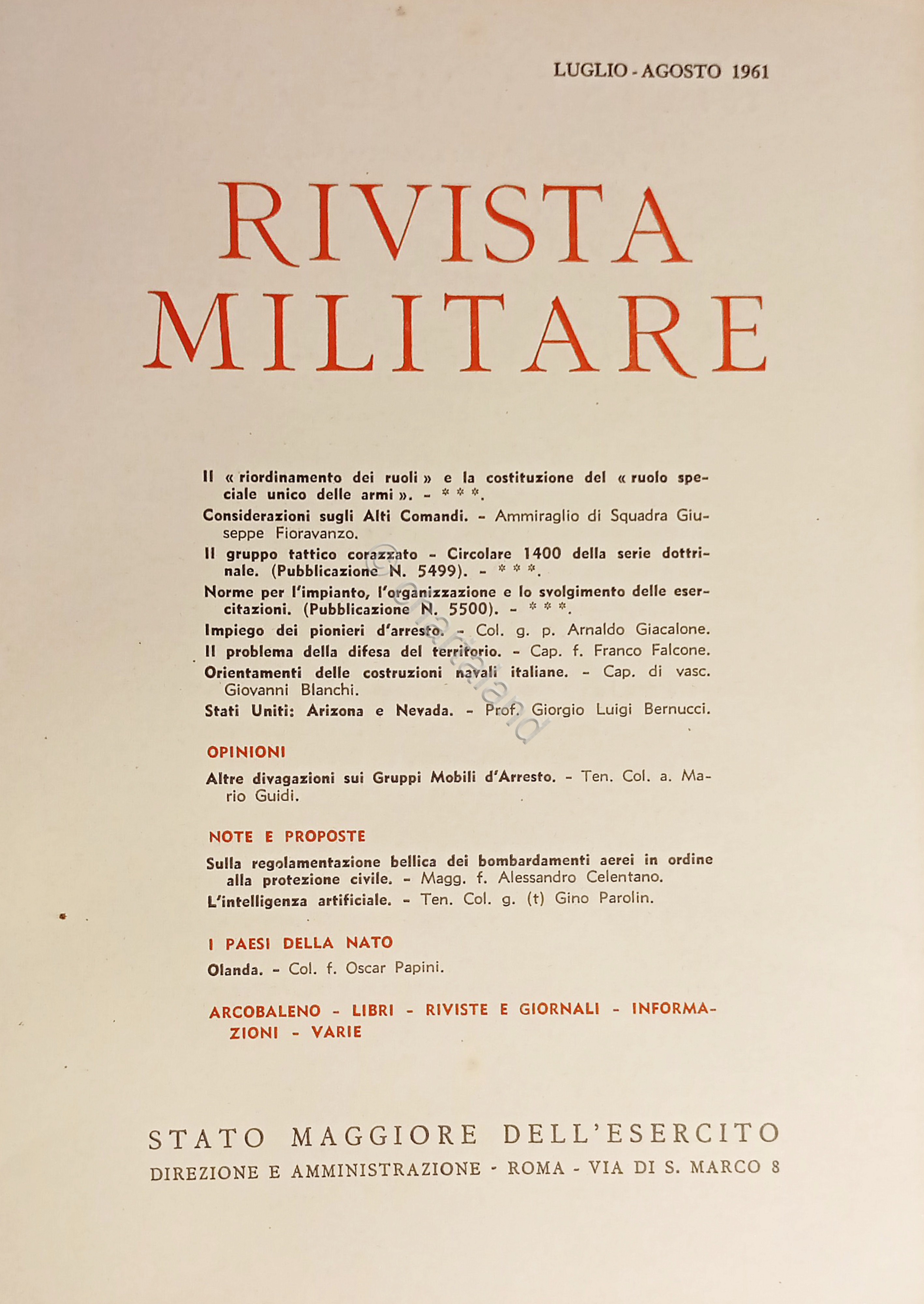 Stato Maggiore dell'Esercito - Rivista Militare - Luglio-Agosto 1961