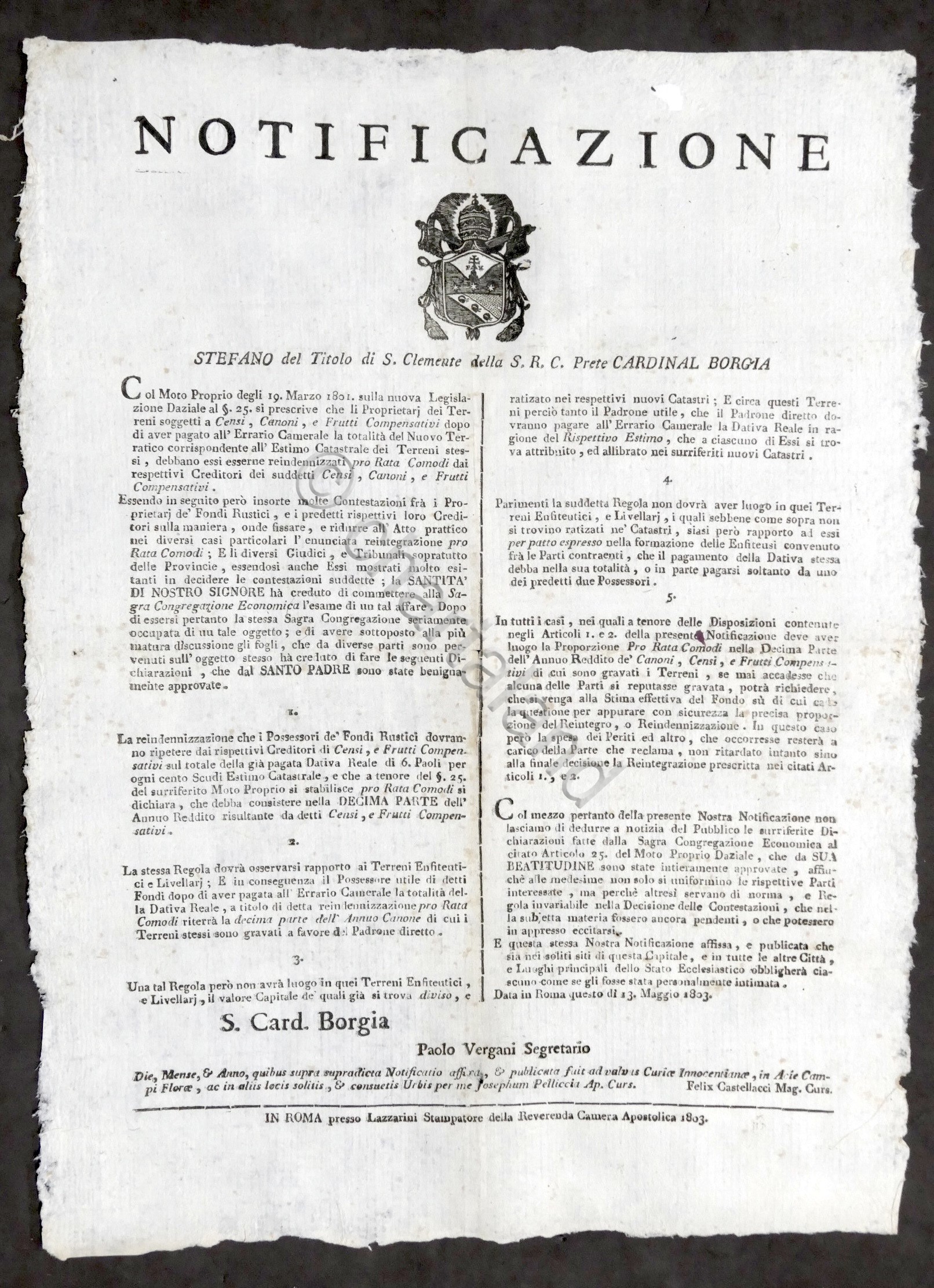 Stato Pontificio Notificazione Legislazione Daziale Proprietari Terrieri - 1803
