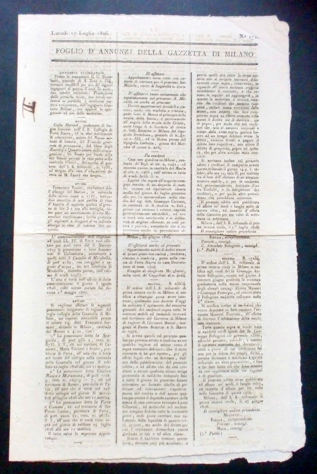 Foglio d'Annunzi (Annunci) della Gazzetta di Milano - N° 171 …