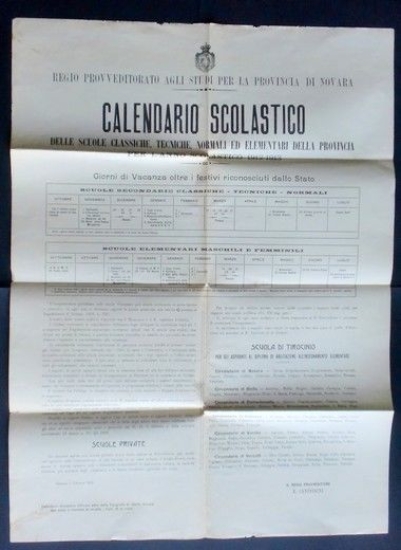 Storia Locale - Novara - Calendario Scolastico Anno 1912/1913