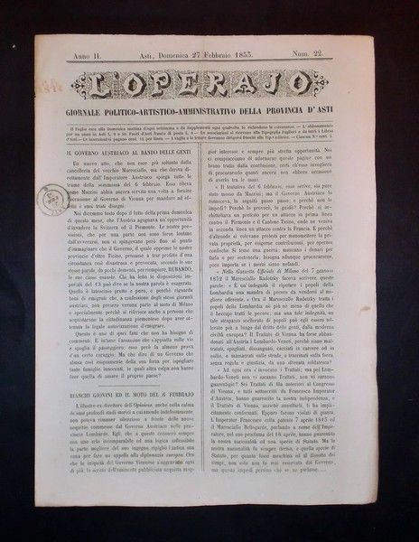 Asti - Giornale L'Operajo (operaio) - N° 22 - Anno …