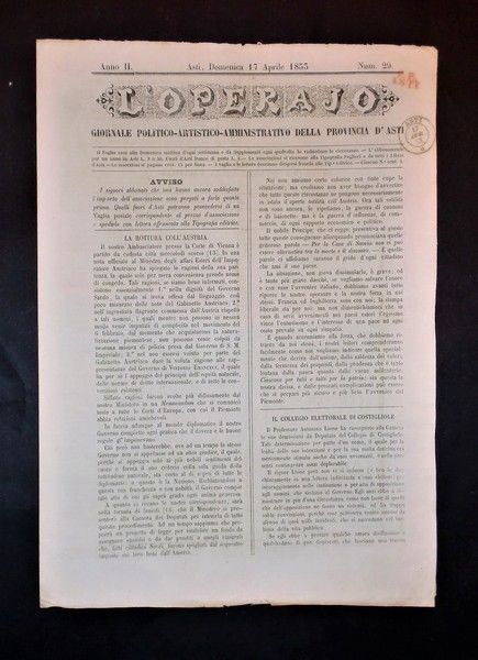 Asti - Giornale L'Operajo (operaio) - N° 29 - Anno …