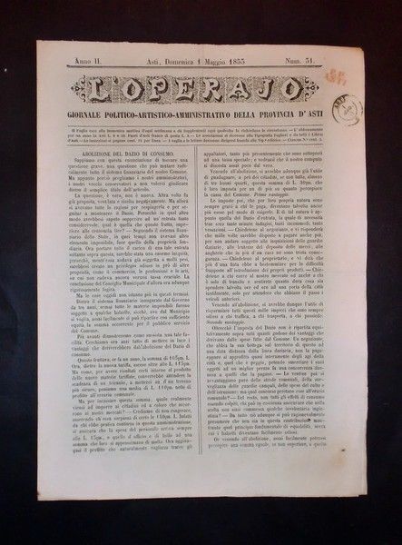 Asti - Giornale L'Operajo (operaio) - N° 31 - Anno …