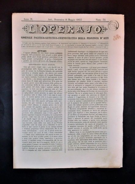 Asti - Giornale L'Operajo (operaio) - N° 32 - Anno …