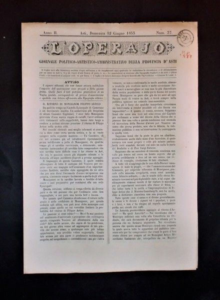 Asti - Giornale L'Operajo (operaio) - N° 37 - Anno …