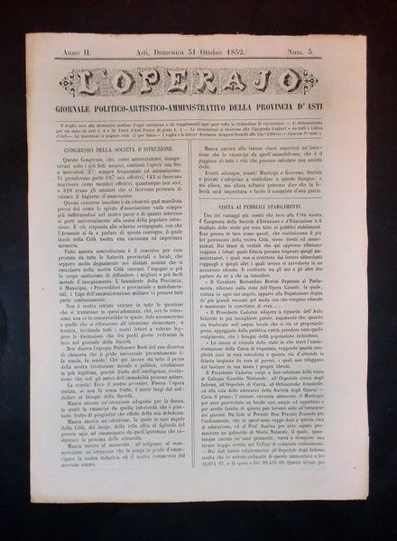 Asti - Giornale L'Operajo (operaio) - N° 5 - Anno …