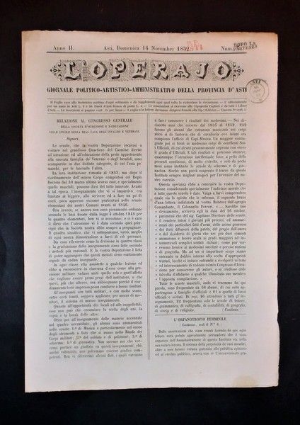 Asti - Giornale L'Operajo (operaio) - N° 7 - Anno …