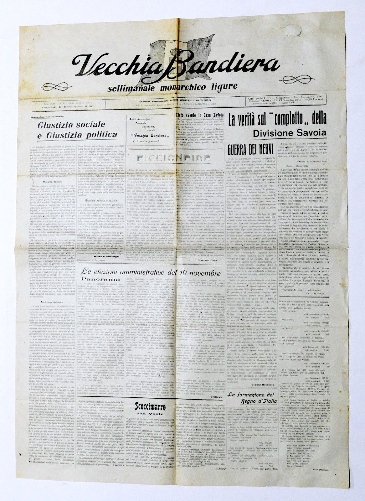Storia Politica - Vecchia Bandiera Settimanale monarchico ligure - N° …