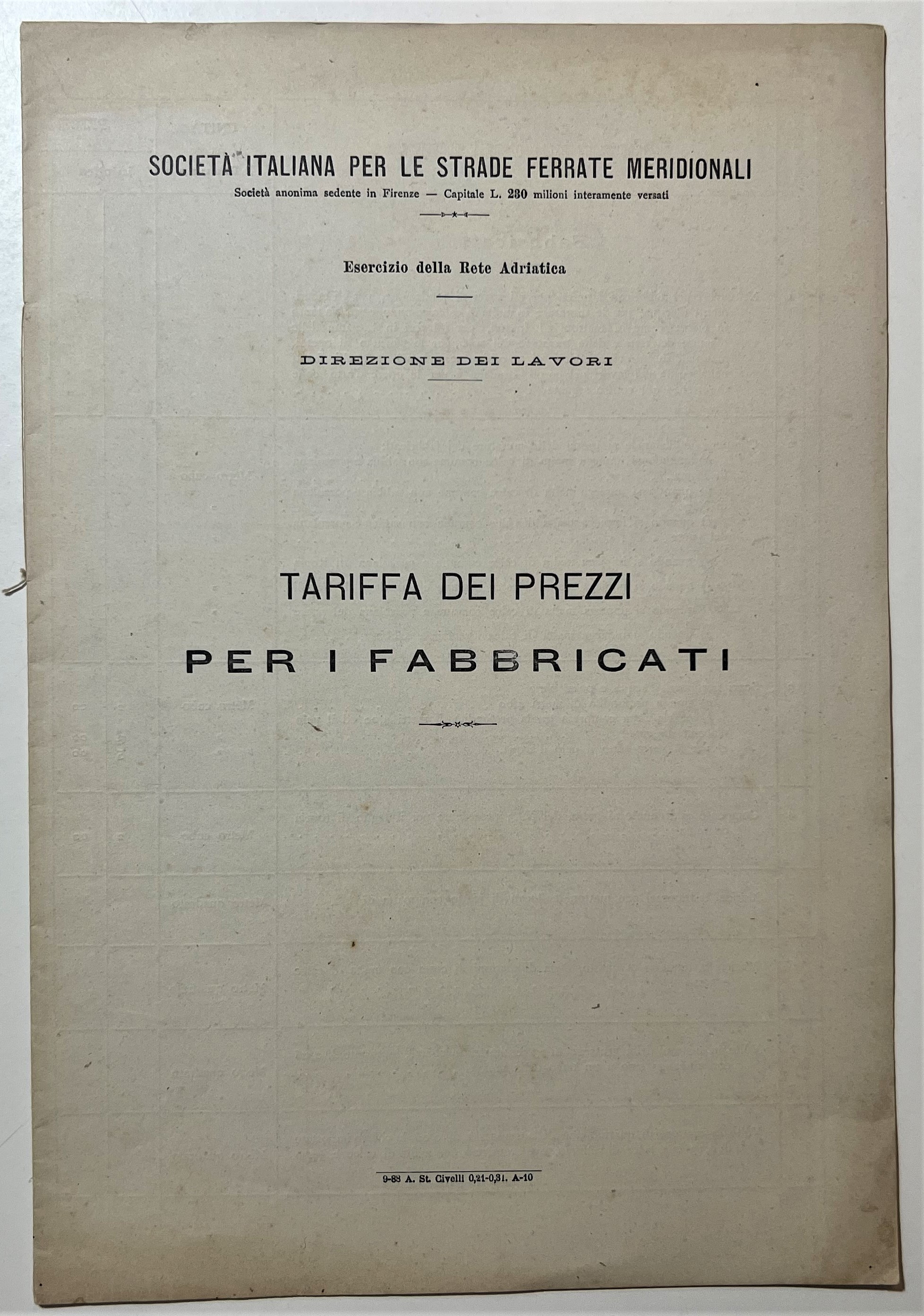 Strade Ferrate Meridionali - Tariffa dei prezzi per i fabbricati …