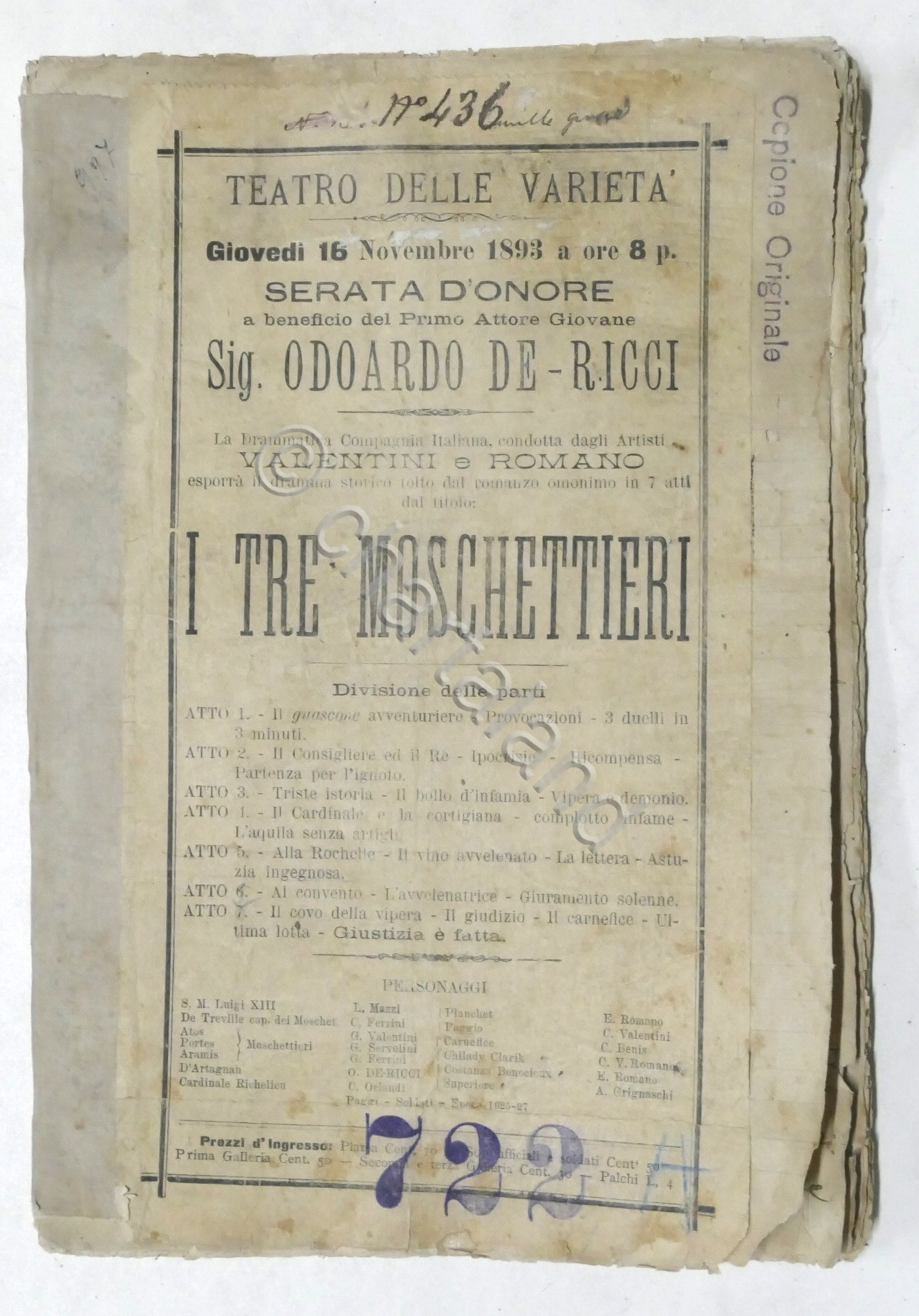 Teatro - Copione originale manoscritto dramma storico I Tre Moschettieri …