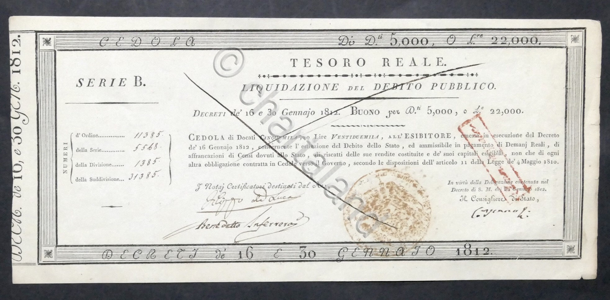 Tesoro Reale - Liquidazione Debito Pubblico - Cedola di 5.000 …