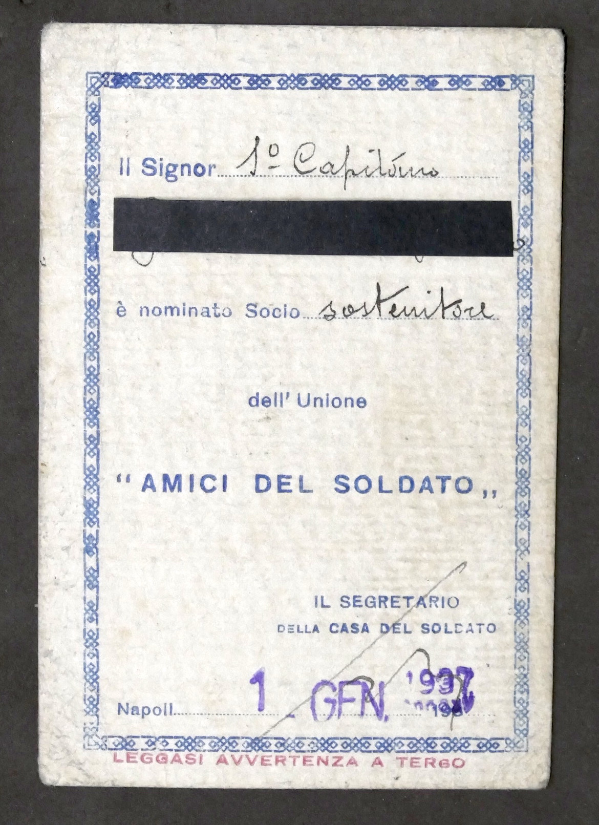 Tessera socio sostenitore Unione Amici del Soldato - Napoli - …