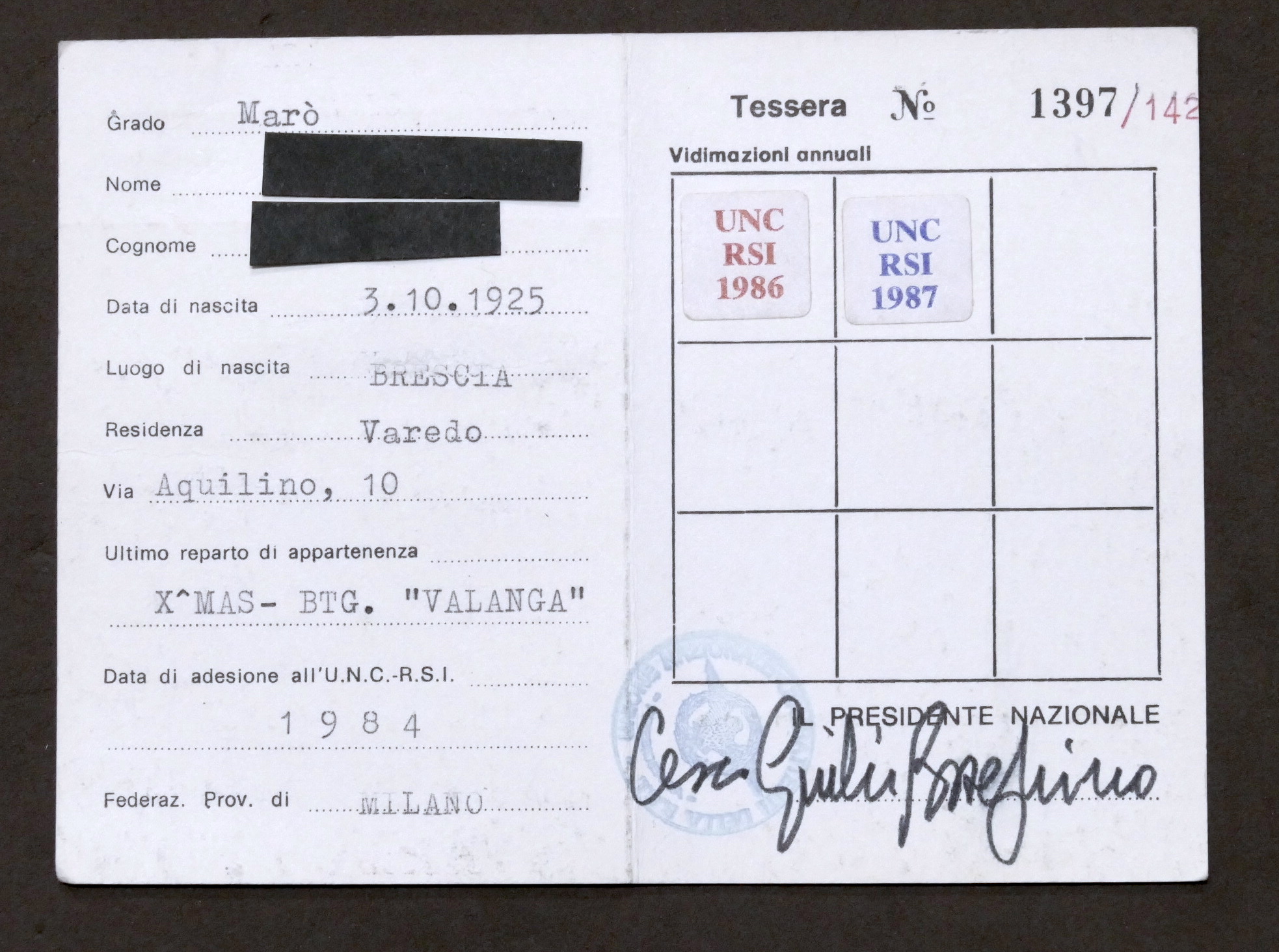 Tessera Unione Nazionale Combattenti Repubblica Sociale Italiana - ex Marò …