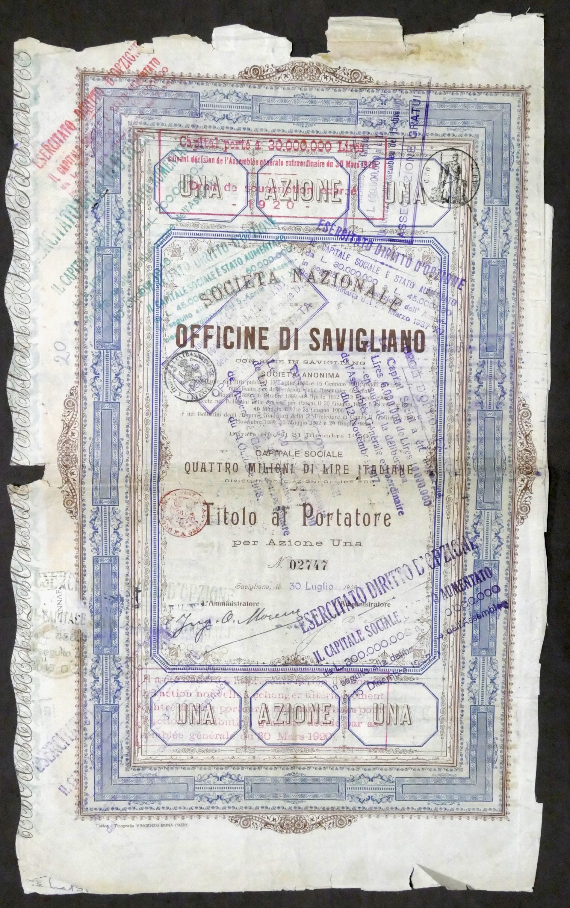 Titolo al Portatore - Società Nazionale Officine di Savigliano - …