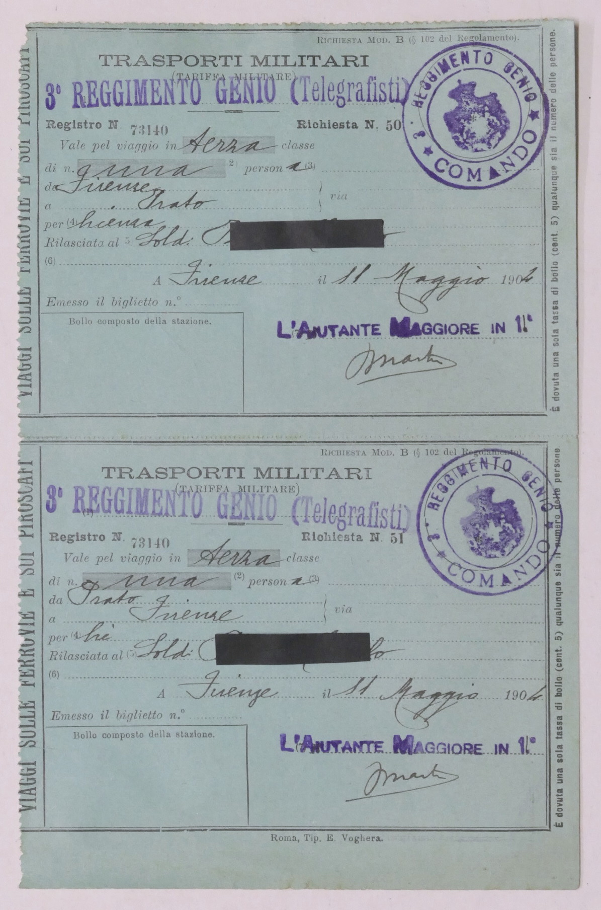 Trasporti Militari - Biglietto terza classe A/R Firenze - Prato …