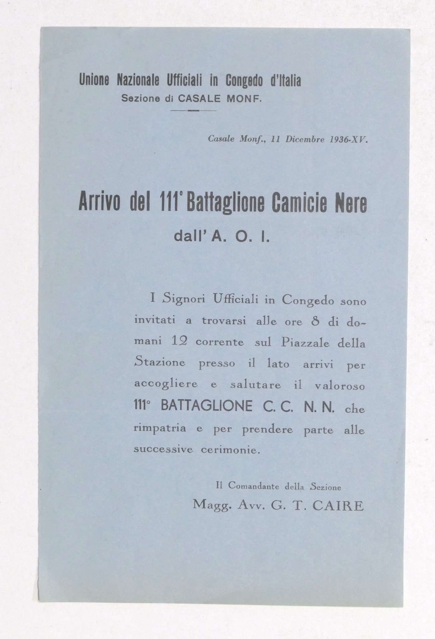 Ufficiali in Congedo - Casale - Arrivo 111° Battaglione Camicie …