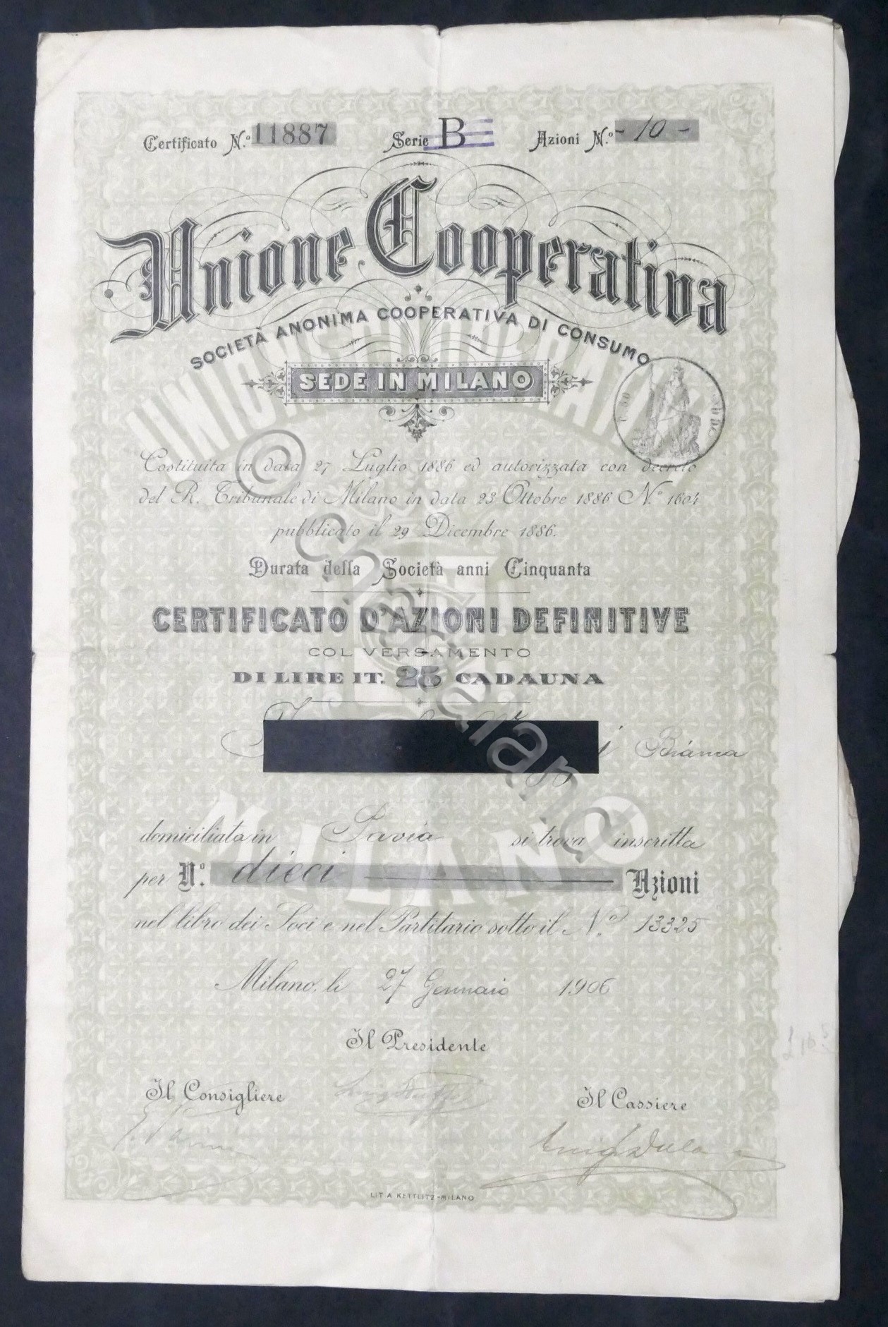 Unione Cooperativa Società di Consumo in Milano - Certificato Azionario …