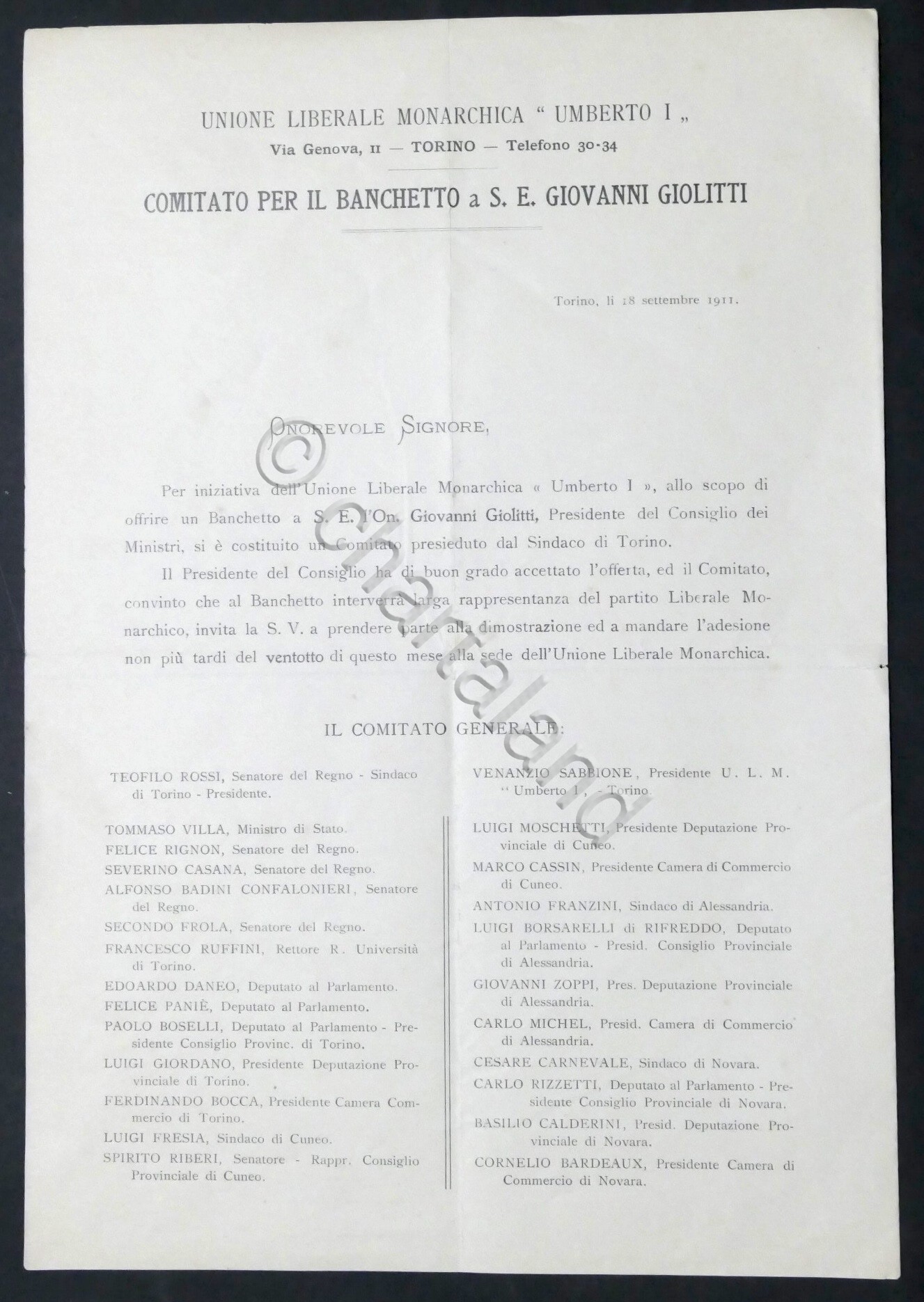 Unione Liberale Monarchica - Comitato banchetto a S.E. Giovanni Giolitti …
