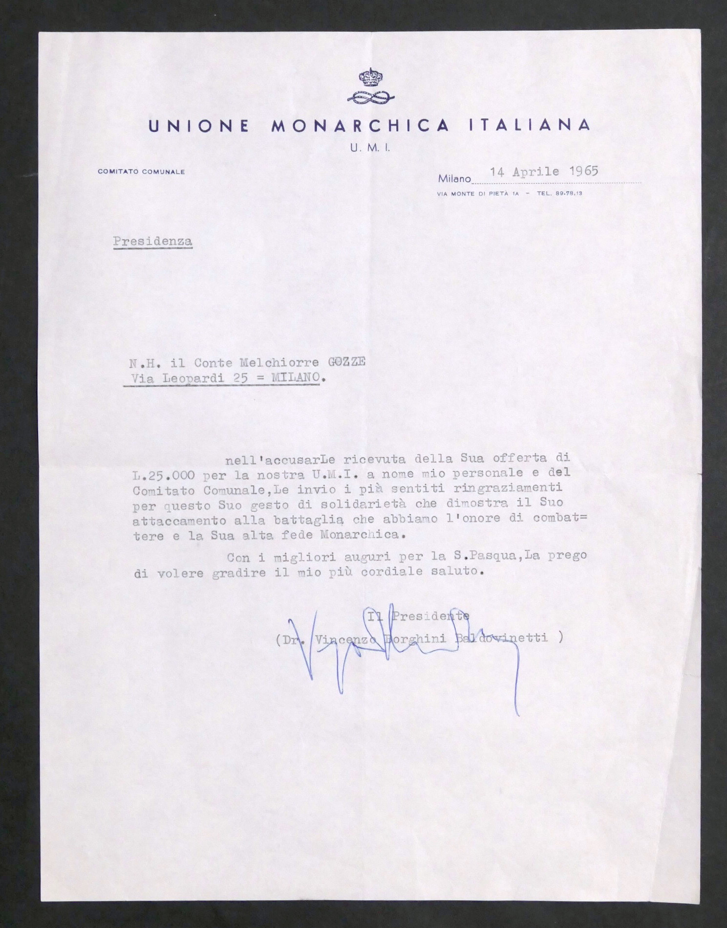 Unione Monarchica Italiana - Autografo Presidente V. Borghini Baldovinetti 1965