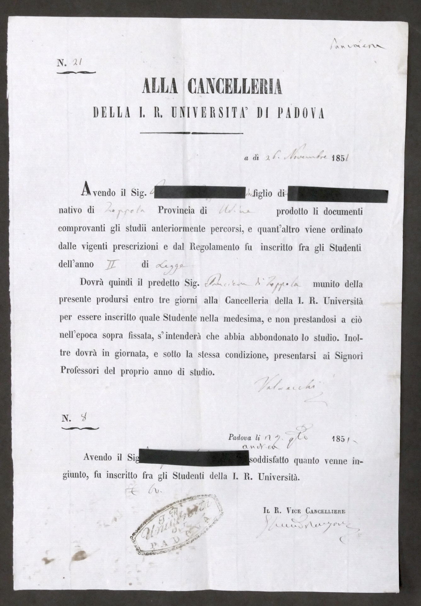 Università di Padova - Certificato d'iscrizione anno secondo di Legge …