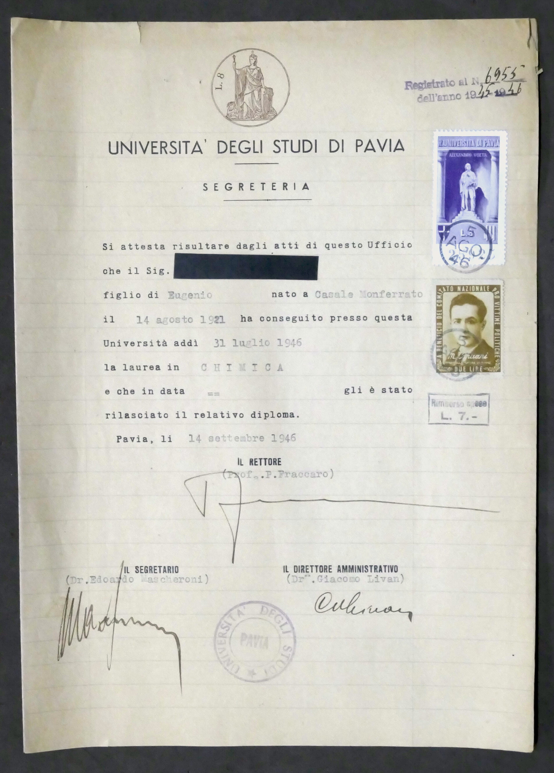 Università Pavia Attestato Laurea Chimica - Marca Bollo Capuani Due …