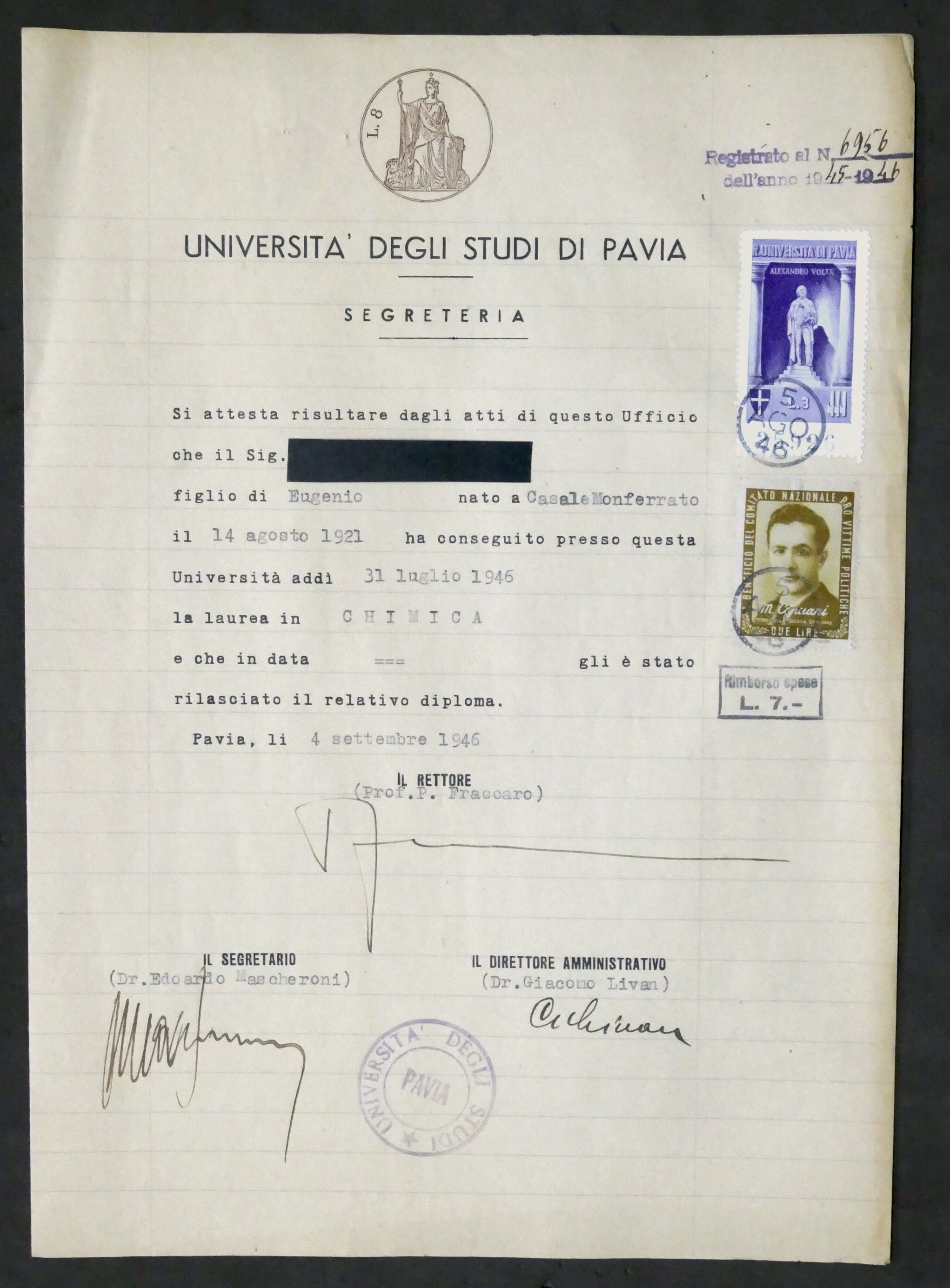 Università Pavia Attestato Laurea Chimica - Marca Bollo Capuani Lire …