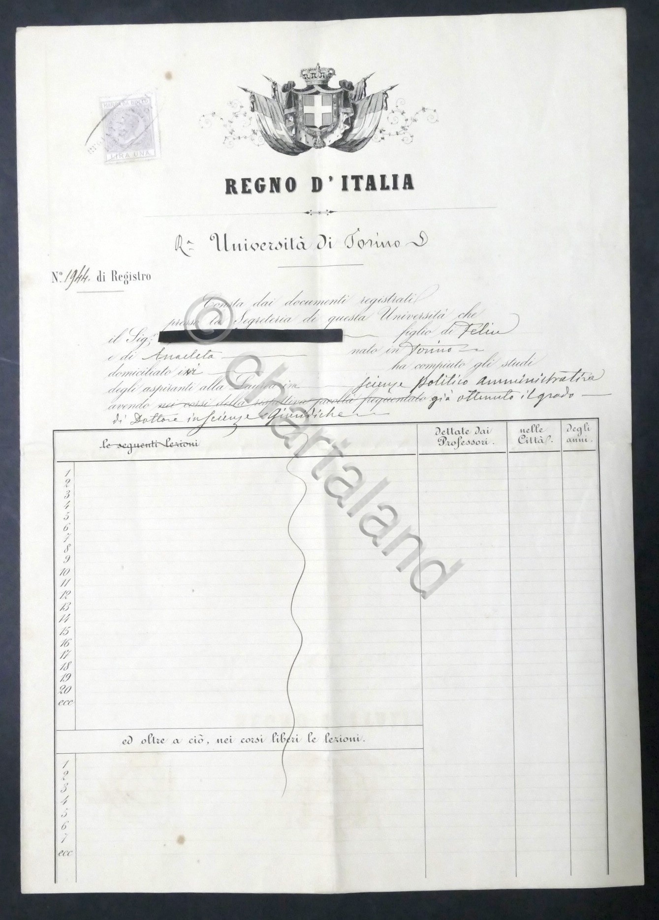 Università Torino Attestato di promozione esami speciali Scienze Politiche 1866