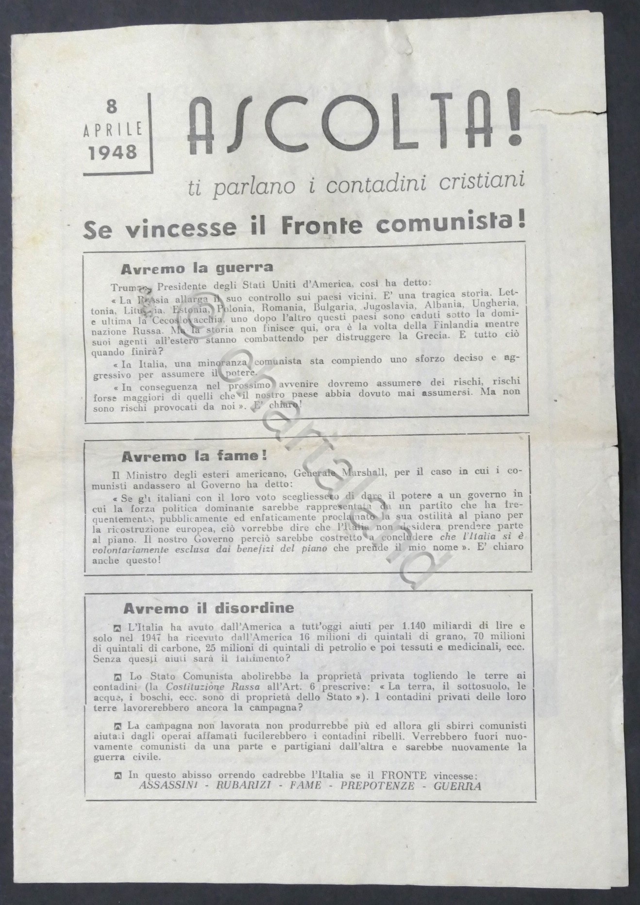 Volantino anticomunista della Democrazia Cristiana - Elezioni Politiche 1948