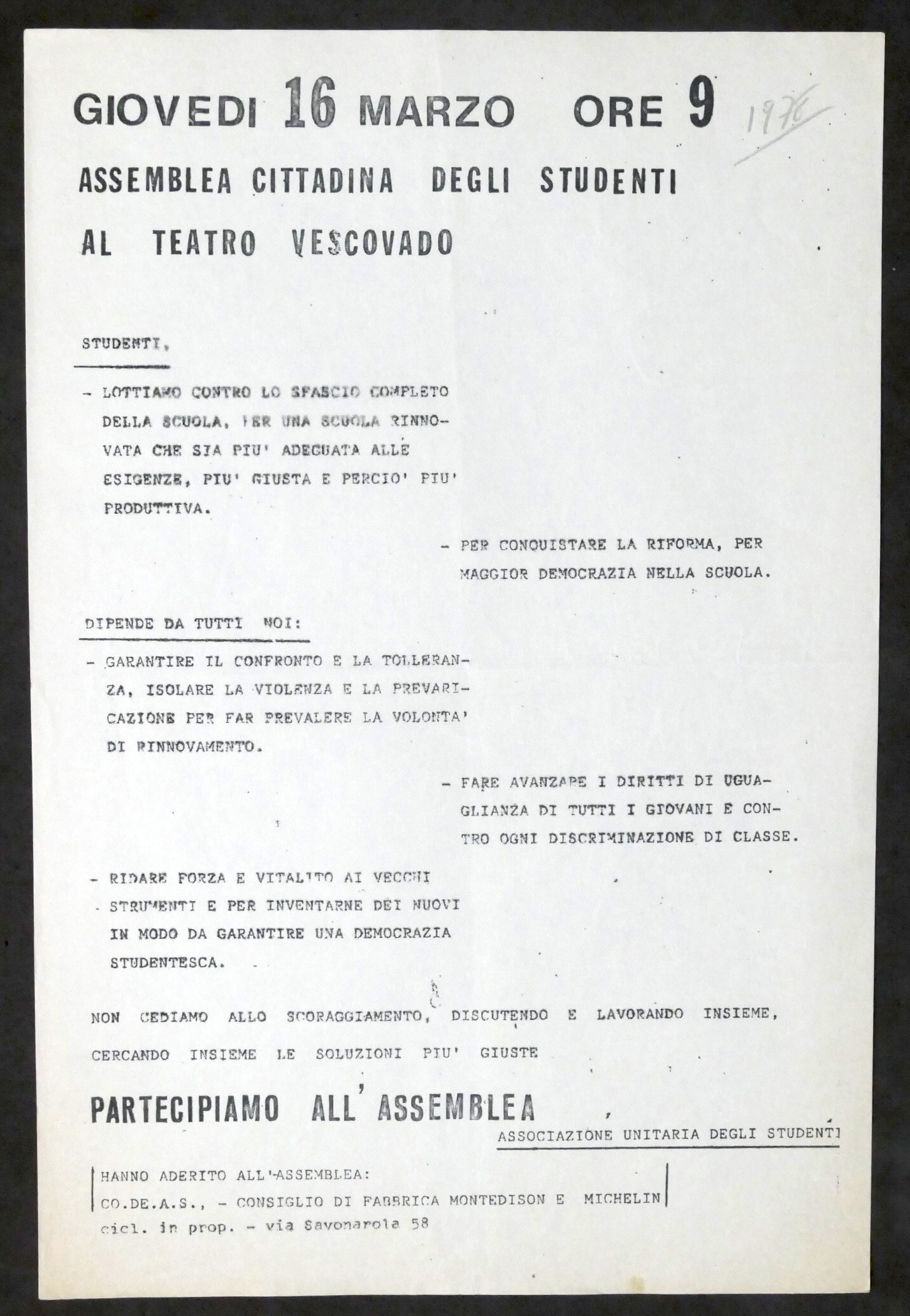 Volantino Associazione Unitaria degli Studenti di Alessandria - Assemblea - …