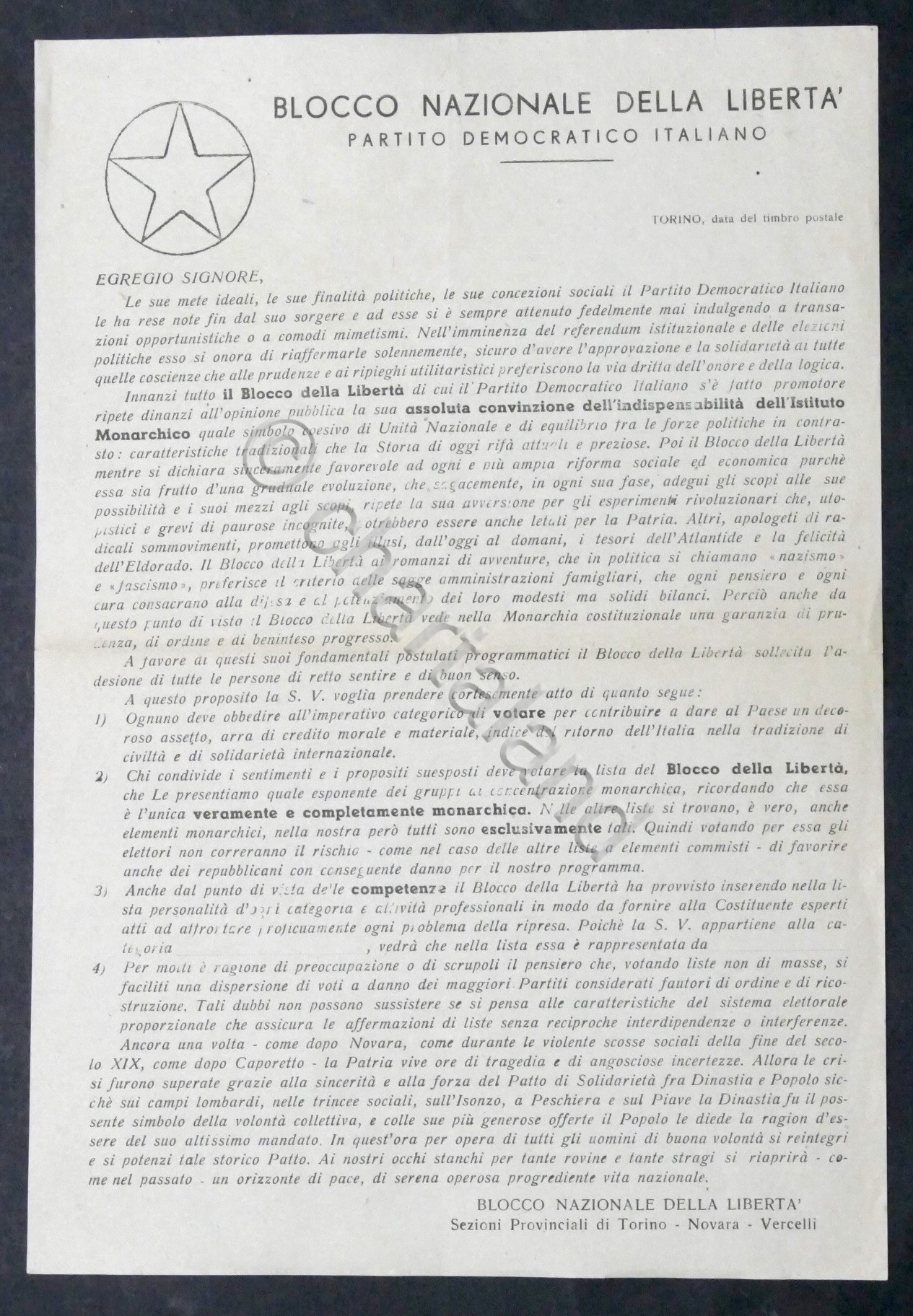 Volantino Blocco Nazionale della Libertà (Monarchici) Elezioni / Referendum 1946