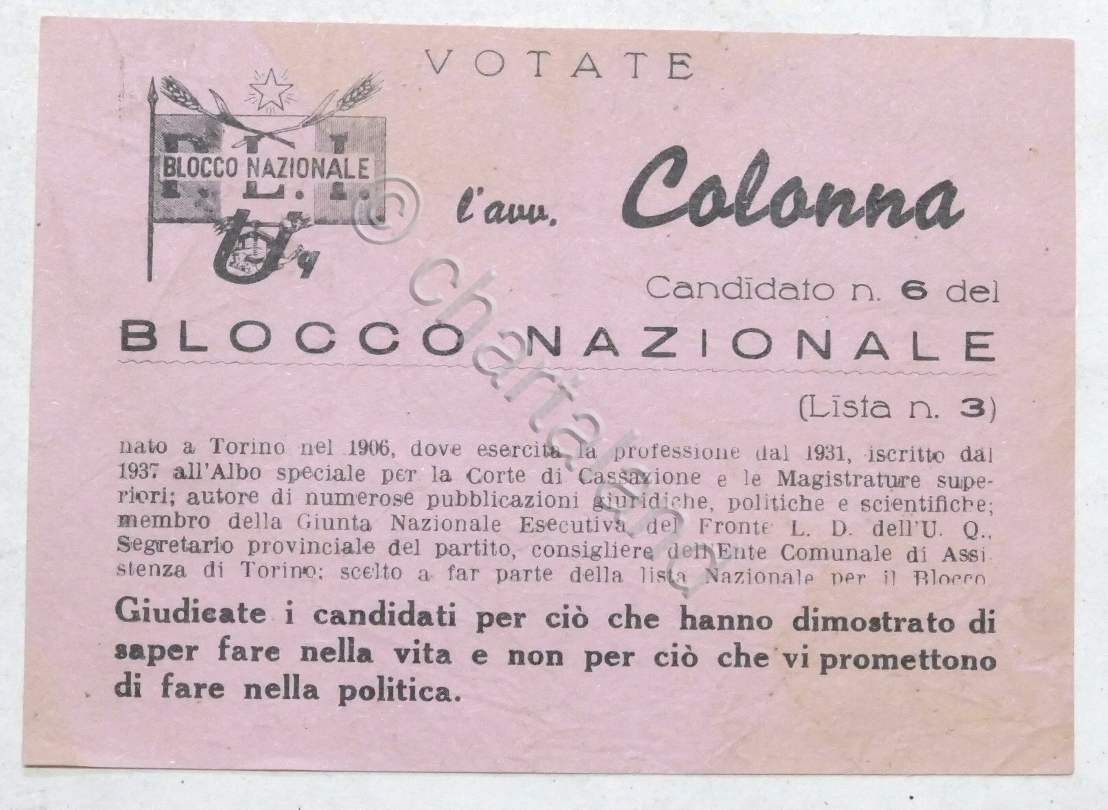 Volantino Blocco Nazionale P.L.I. - Votate l'avv. Colonna - Elezioni …