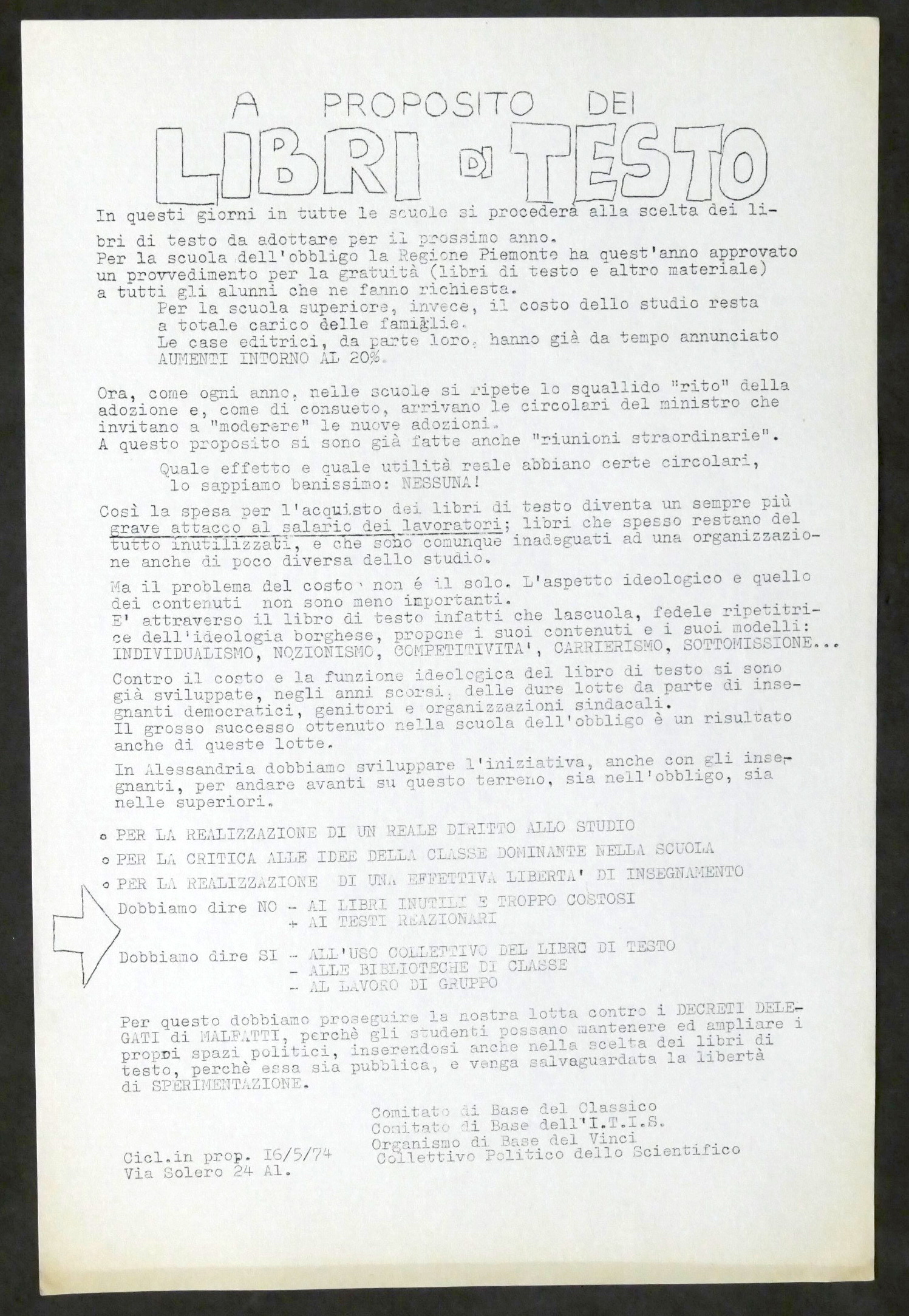 Volantino Comitati Istituti Studenteschi di Alessandria - Libri di Testo …