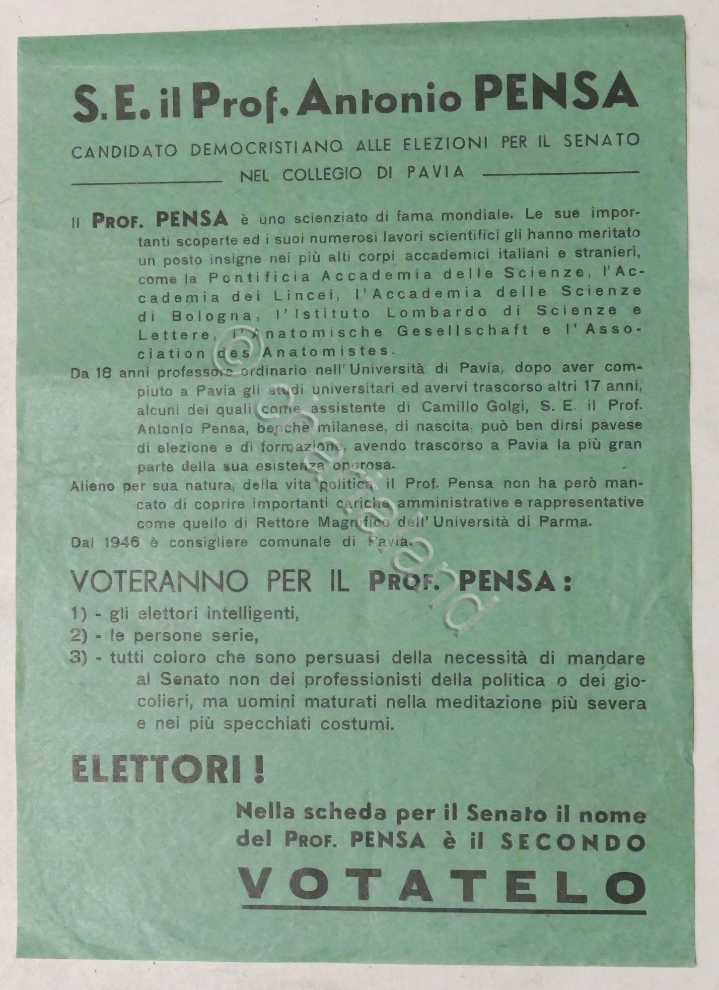Volantino Democrazia Cristiana - Candidato Antonio Pensa - Elezioni 1948