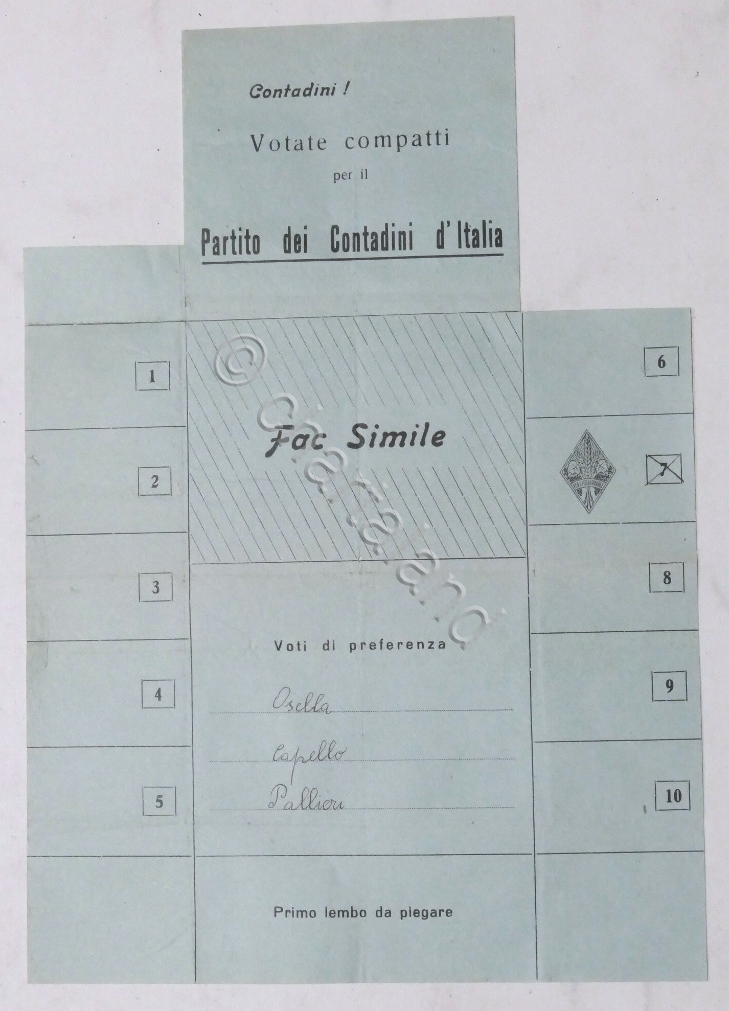 Volantino fac-simile Partito dei Contadini d'Italia - Elezioni politiche 1946