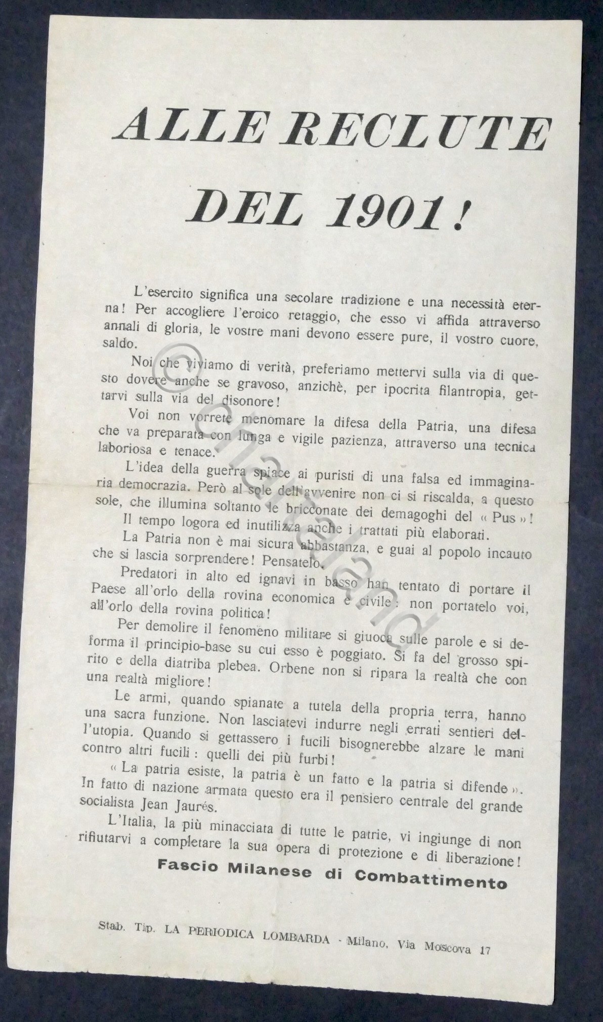 Volantino Fascio Milanese di Combattimento - Alle reclute del 1901 …